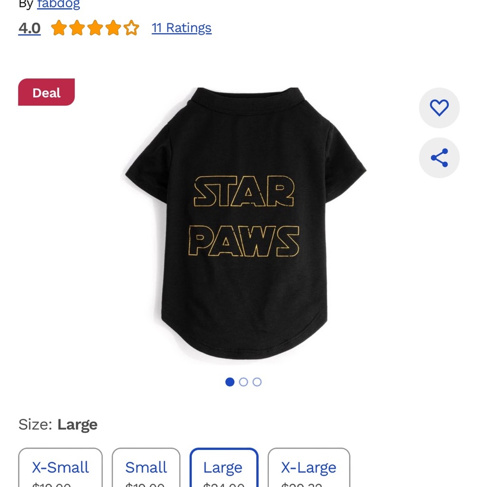 Dog shirt for any dog that’s a Star Wars fan. “Star Paws” size large